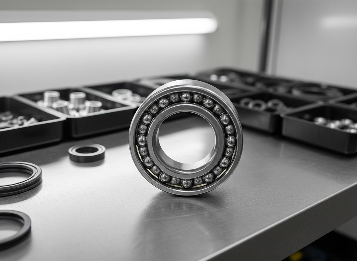 Un primer plano de un rodamiento automotriz cromado de alta precisión, con sus esferas internas perfectamente alineadas y superficies metálicas impecables, sobre una mesa de trabajo de acero cepillado. A su alrededor, ligeramente desenfocados, se insinúan otros repuestos organizados en bandejas: retenes, bujes y pequeñas piezas metálicas. Luz lateral blanca y limpia, tipo taller profesional, entra desde la izquierda creando reflejos controlados y destellos suaves en el metal pulido. La composición es centrada, a nivel del objeto, con profundidad de campo reducida que enfatiza el rodamiento principal. El ambiente transmite profesionalismo, precisión mecánica y confianza, con estética fotográfica realista, nítida y moderna, ideal para la portada de una empresa especialista en rodamientos y repuestos automotrices.