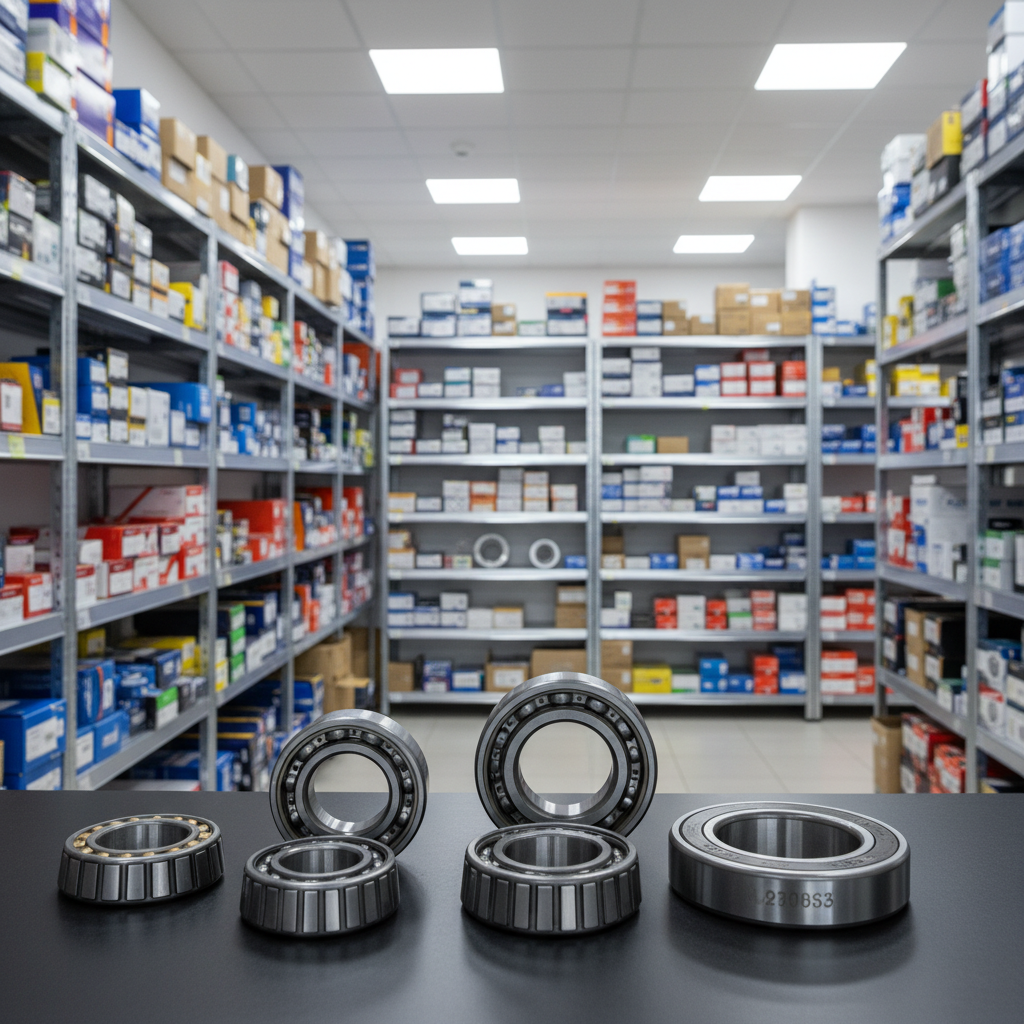 Un amplio mostrador de tienda de repuestos automotrices, sin presencia humana, con estanterías metálicas perfectamente ordenadas al fondo, llenas de cajas de rodamientos, filtros y piezas etiquetadas por tamaño y aplicación. En primer plano, varios rodamientos de distintos diámetros se exhiben sobre una superficie negra mate, cada uno con su número de serie grabado con precisión. Luz blanca homogénea de techo tipo LED industrial ilumina todo el espacio, sin sombras duras, creando un ambiente limpio y profesional. La toma es a nivel de ojo, con composición en regla de tercios y fondo ligeramente desenfocado para destacar el orden y variedad. Estilo fotográfico realista, limpio y corporativo, transmitiendo organización, amplitud de stock y confianza técnica.