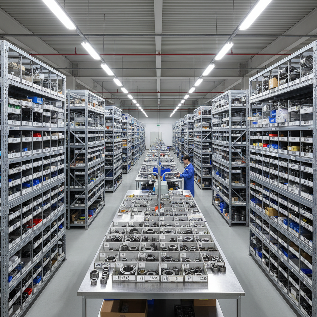 Una sección especializada de almacén de rodamientos automotrices vista desde un punto elevado, mostrando largas estanterías metálicas con compartimentos etiquetados llenos de referencias distintas, todas organizadas por diámetro y aplicación. En primer plano, una mesa de clasificación con bandejas numeradas y rodamientos cuidadosamente separados por tamaño. Luz blanca industrial desde luminarias de techo crea una atmósfera clara, sin zonas oscuras, propia de un centro logístico moderno. La composición tipo vista panorámica enfatiza la profundidad del pasillo y la magnitud del inventario. Estilo fotográfico realista, con gran nitidez y colores neutros, transmitiendo eficiencia, control de stock y capacidad de respuesta para el suministro de repuestos automotrices.