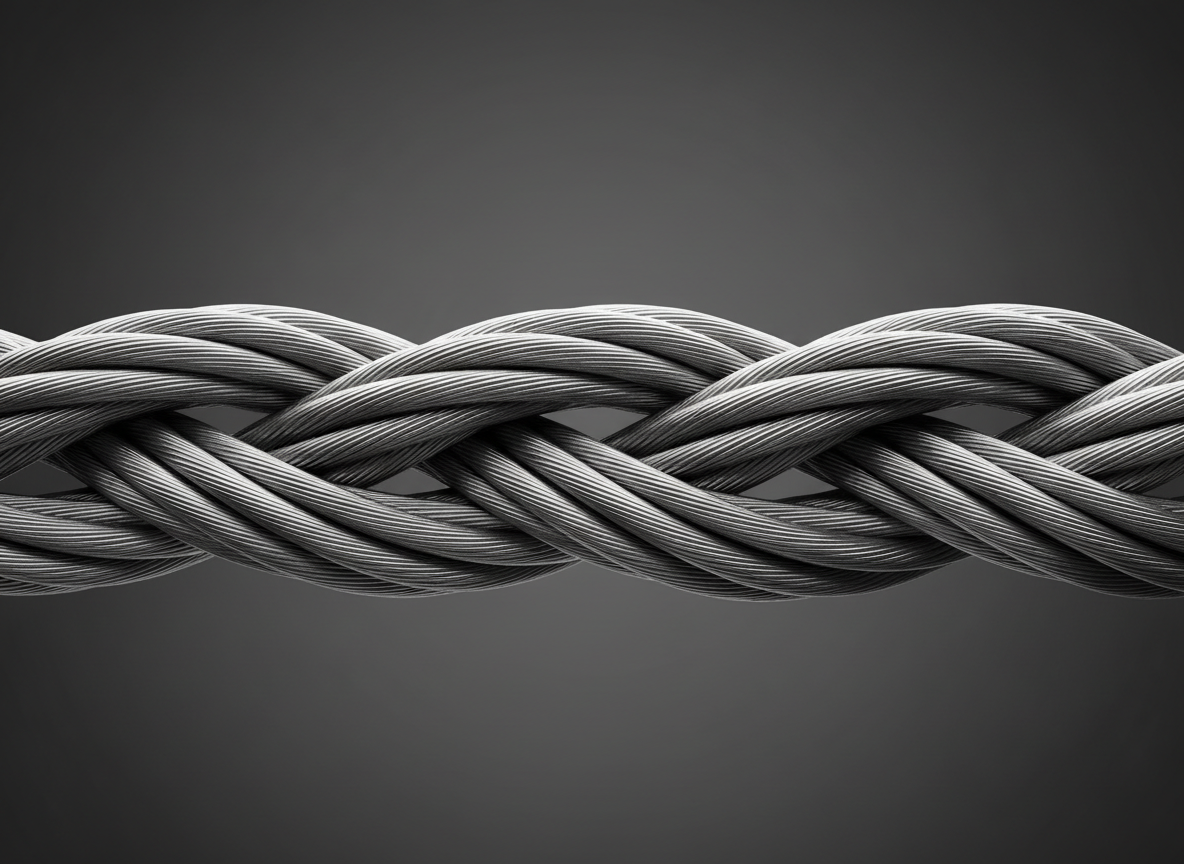 Fotografía profesional en alta resolución de cables de acero entrelazados, bien iluminados, con fondo neutro oscuro, estilo corporativo y moderno, enfoque nítido en la textura metálica, ideal para página web de empresa industrial.