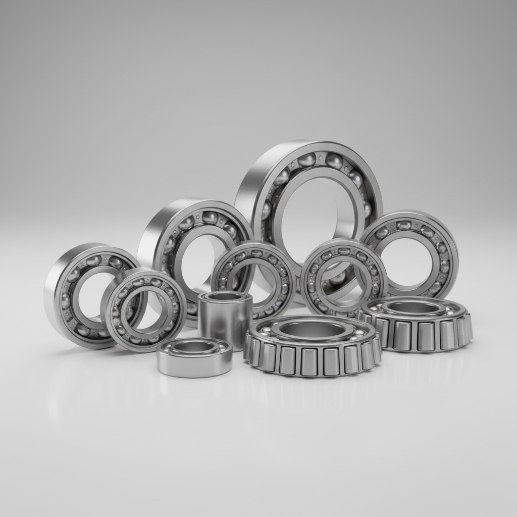 Imagen profesional en alta resolución de rodamientos de acero para uso industrial, iluminación suave, fondo neutro gris claro, estilo corporativo limpio y moderno, composición centrada, aspecto realista para catálogo de productos.