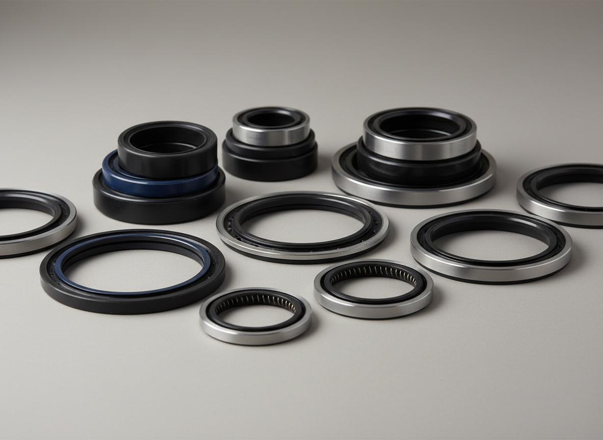 Fotografía profesional en alta resolución de retenes u oil seals de uso industrial, bien iluminados, sobre un fondo neutro y limpio, con estilo corporativo y colores sobrios adecuados para catálogo de productos.